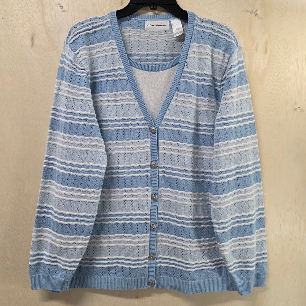 Alfred Dunner Womens XL Blue White Striped Pointelle Cardigan Tank Twin Set USA